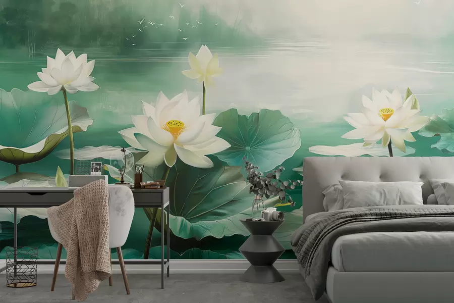 wall murals Локвањи на језеру, цртеж акрилом, природа, зелене и беле боје w07958