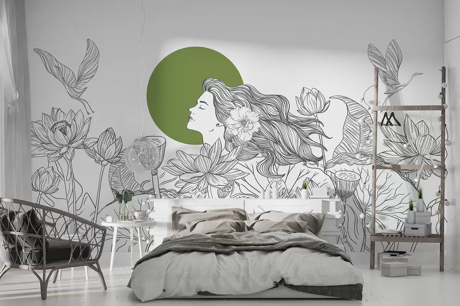 wall murals Жена у природи, цртање линија, цветови лотоса, велико лишће, летеће птице, сива и зелена боја w07988v3