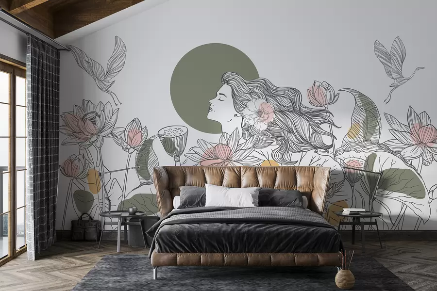 wall murals Жена у природи, цртање линија, цветови лотоса, велико лишће, летеће птице, пастелне боје w07988v6