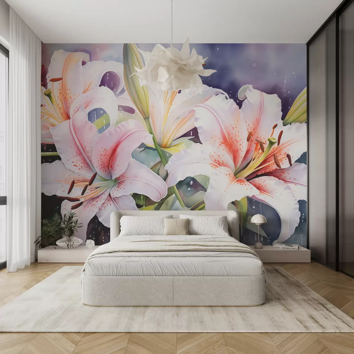 wall murals Бели љиљани на тамној позадини акварела w08022