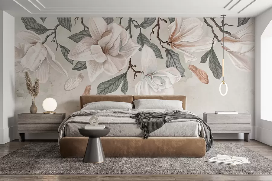 wall murals Нежно розе и бело цвеће магнолије са зеленим листовима на светлој позадини, мека, цветна композиција w07977