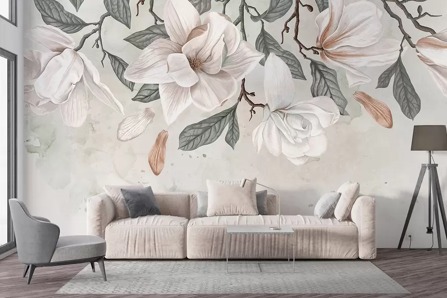 wall murals Нежно розе и бело цвеће магнолије са зеленим листовима на светлој позадини, мека, цветна композиција w07977
