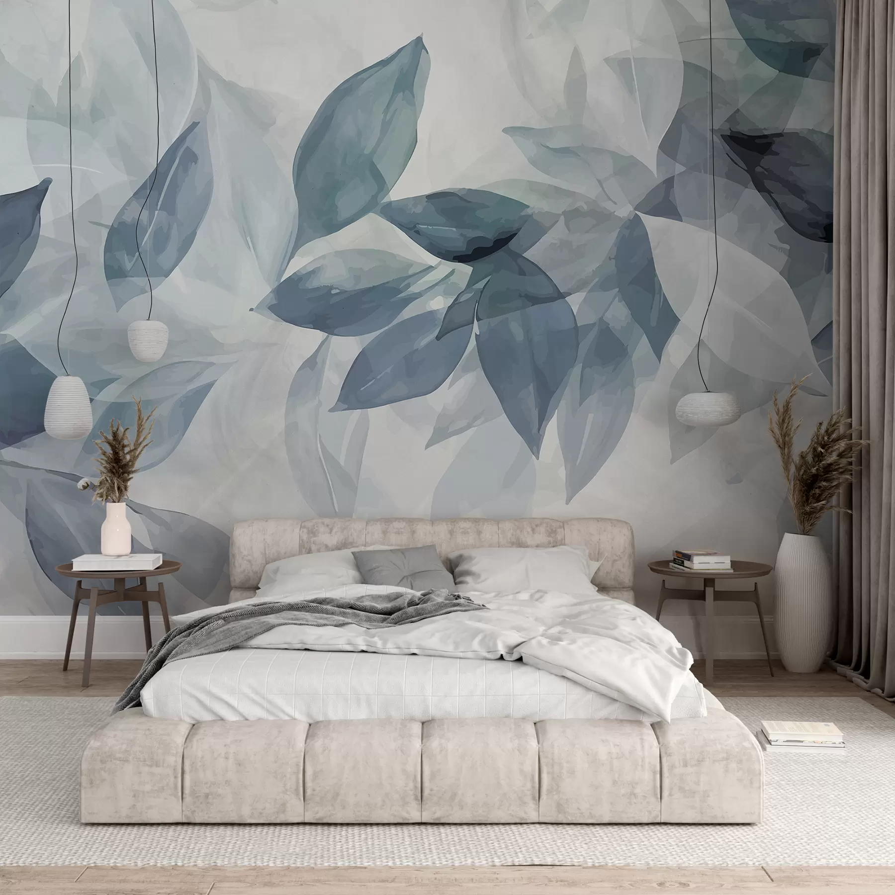 wall murals Меки сиви и бели листови акварела са замућеном, етеричном позадином w07981