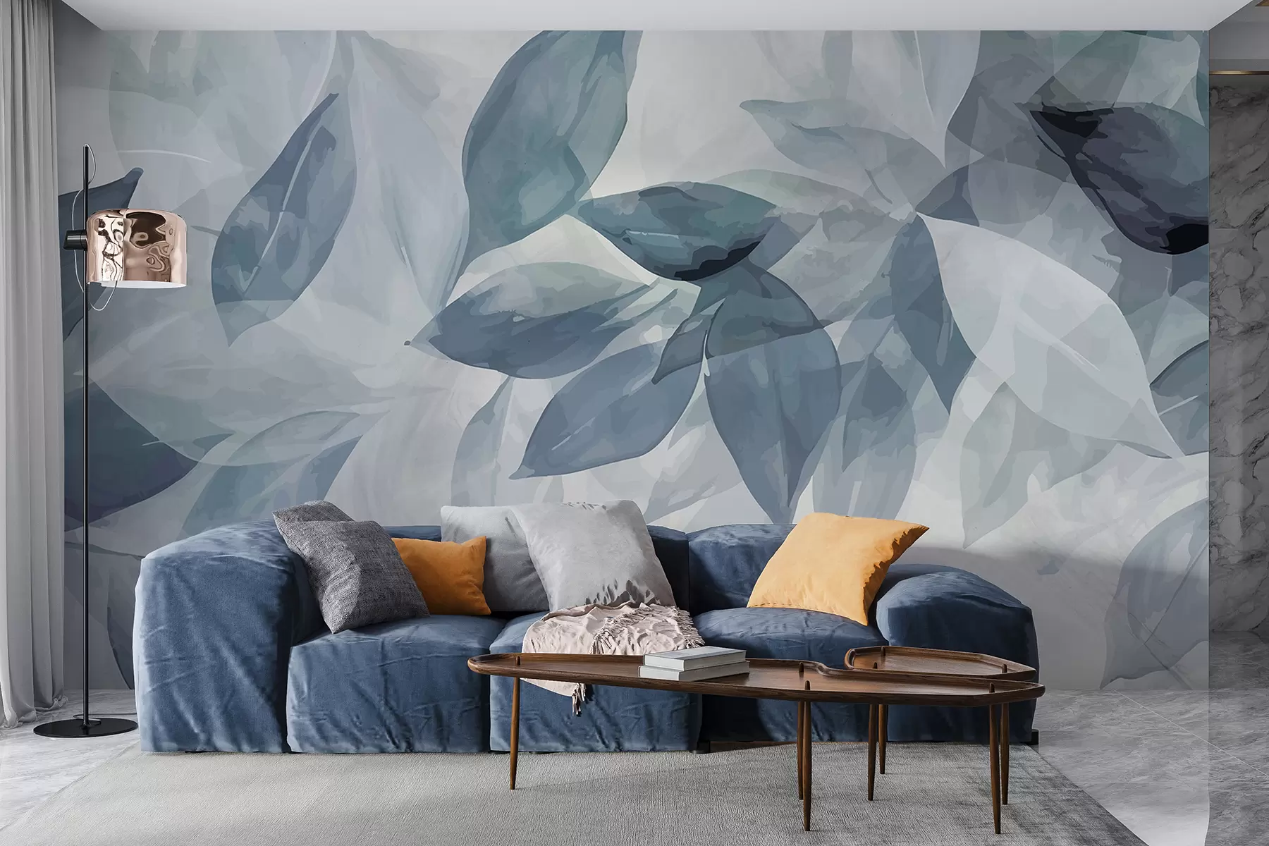 wall murals Меки сиви и бели листови акварела са замућеном, етеричном позадином w07981
