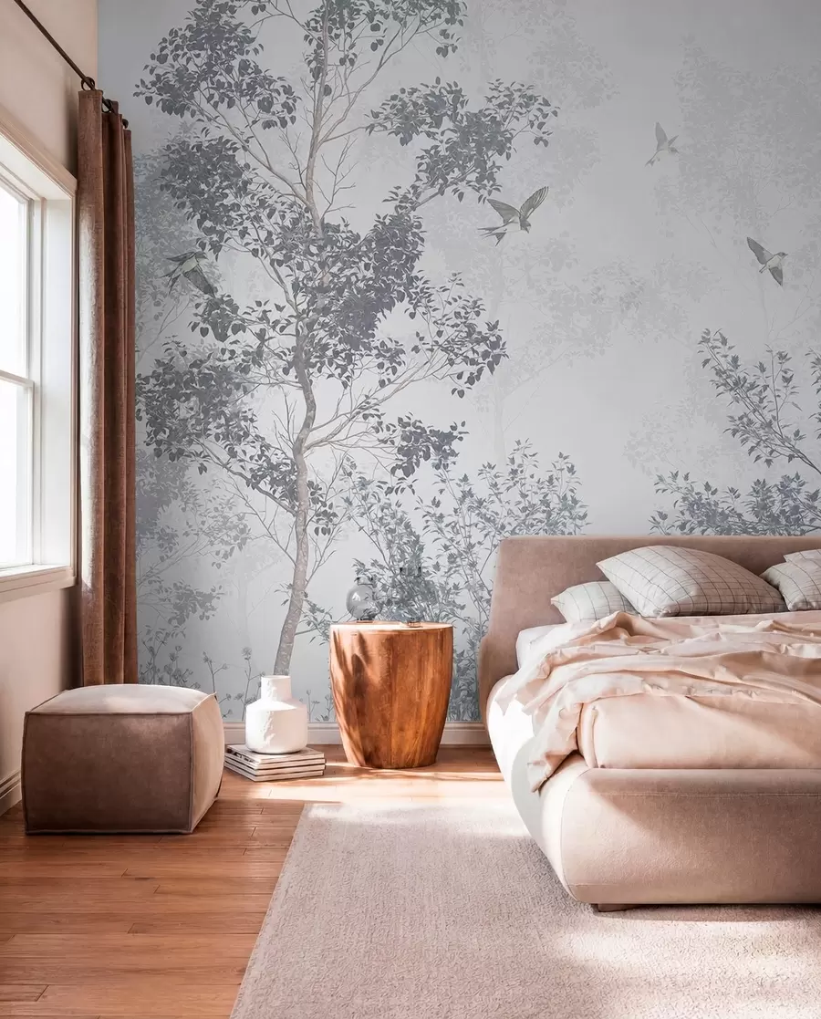 wall murals Дрвеће са сивим лишћем и гранама са птицама које лете на небу, бела позадина w07982v1