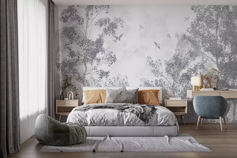 wall murals Дрвеће са сивим лишћем и гранама са птицама које лете на небу, бела позадина w07982v1