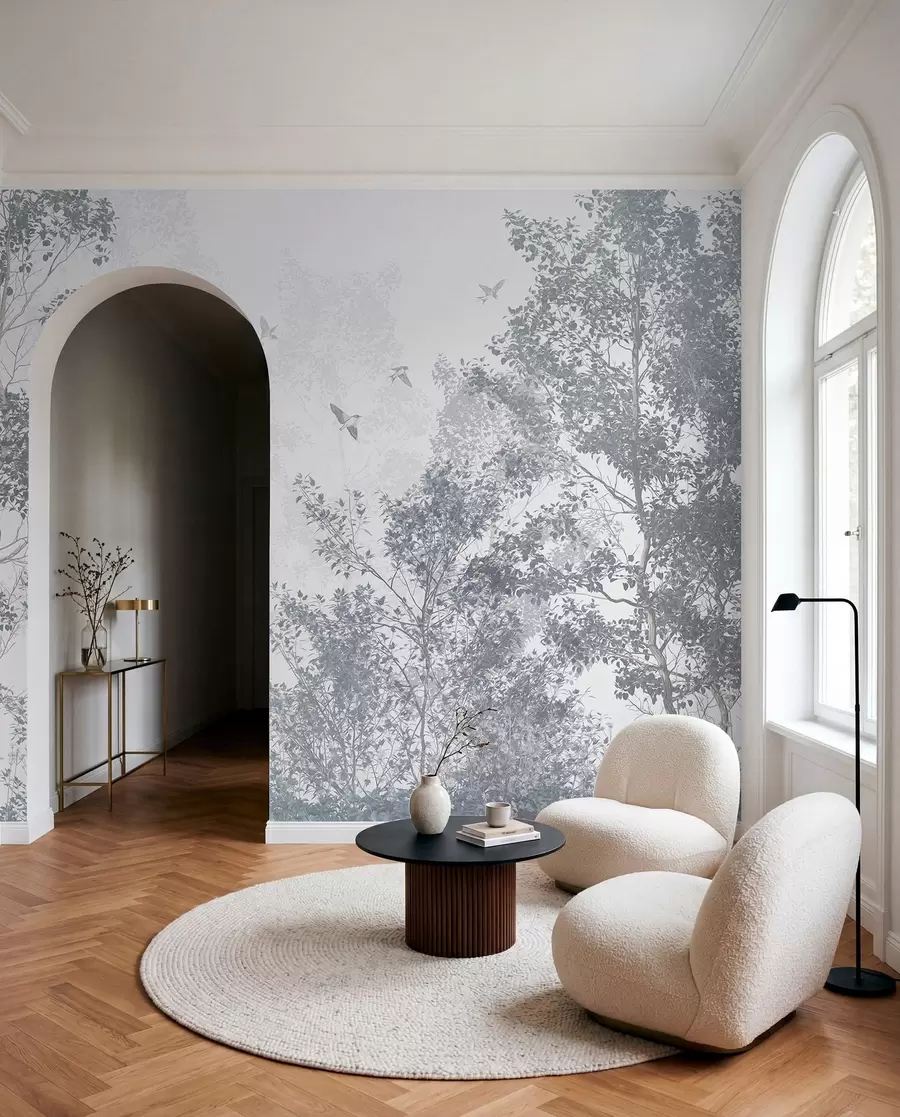 wall murals Дрвеће са сивим лишћем и гранама са птицама које лете на небу, бела позадина w07982v1