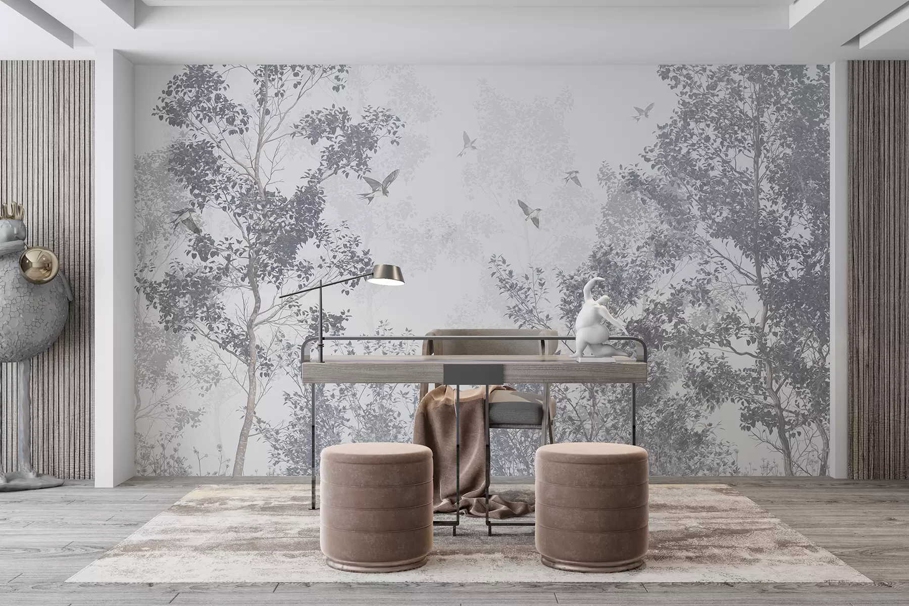 wall murals Дрвеће са сивим лишћем и гранама са птицама које лете на небу, бела позадина w07982v1