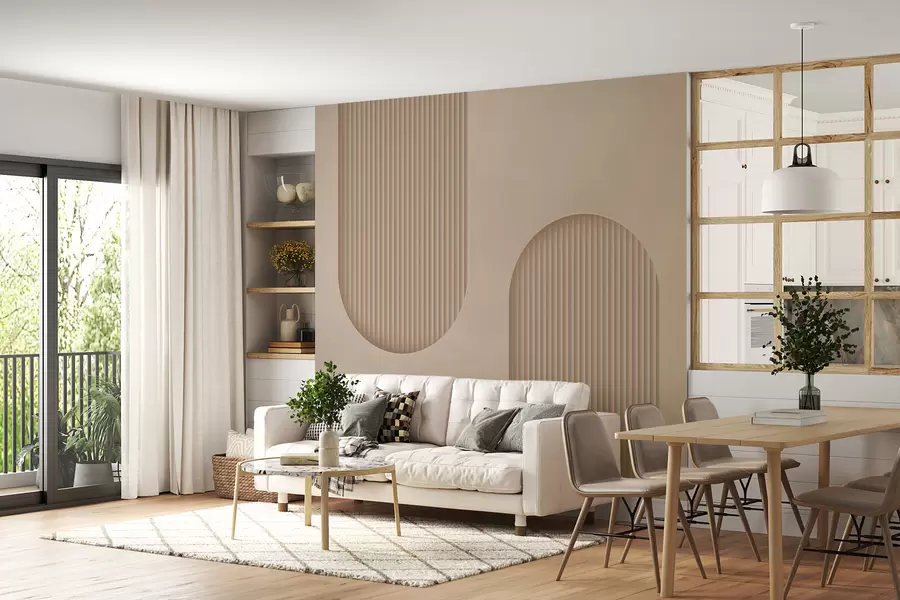 wall murals Арт децо тапете са текстуром у топлим беж тоновима. Имитација волуметријских лукова    w08048