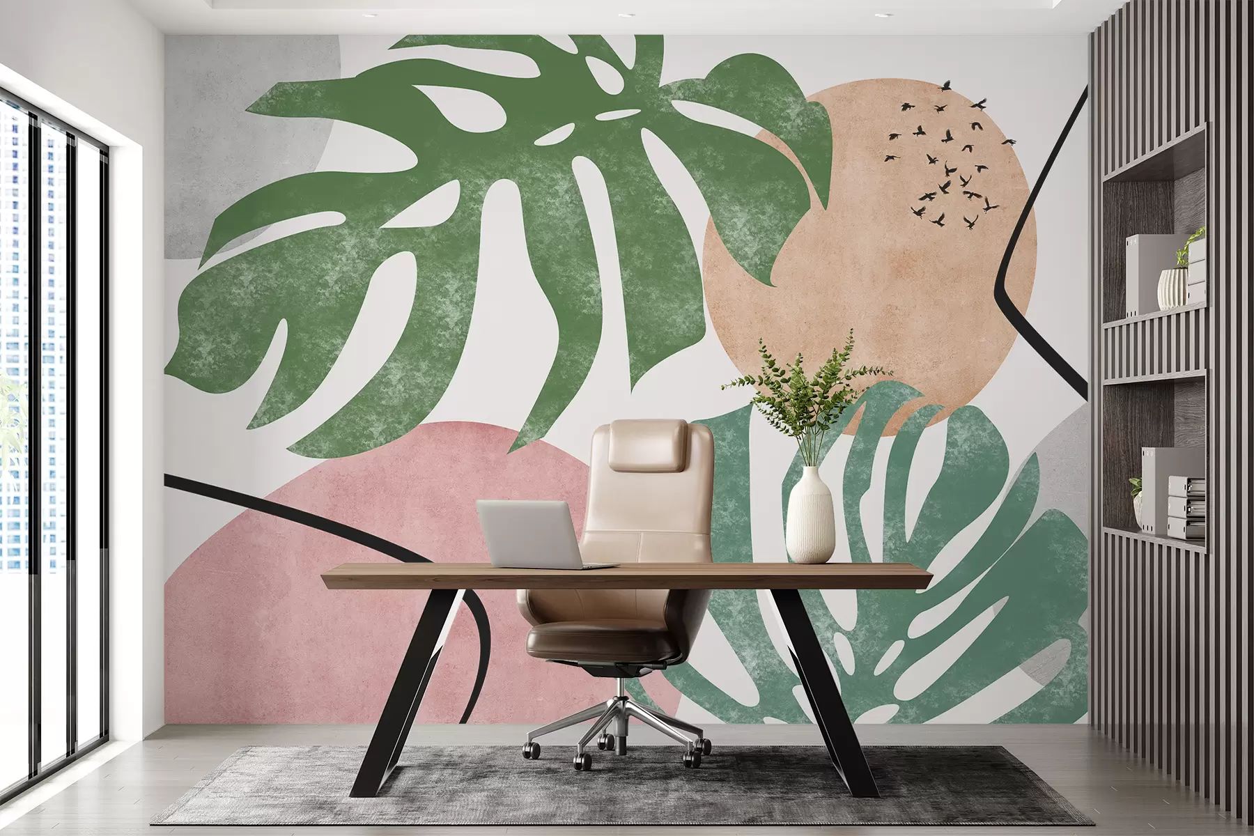 wall murals Текстурирани листови тропске монстере, геометријске мрље, розе, зелене боје w08098