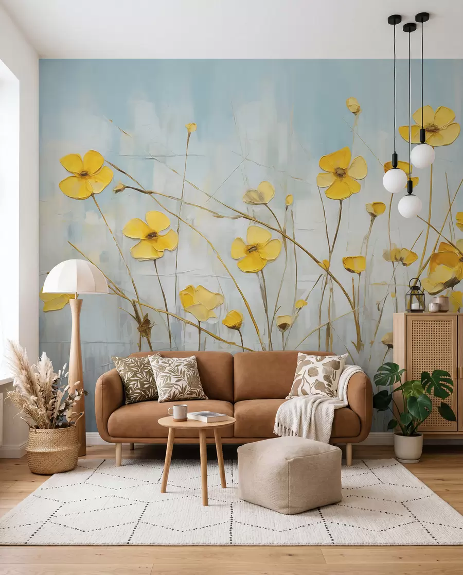 wall murals Мали жути цветови на плавом уљу w08129