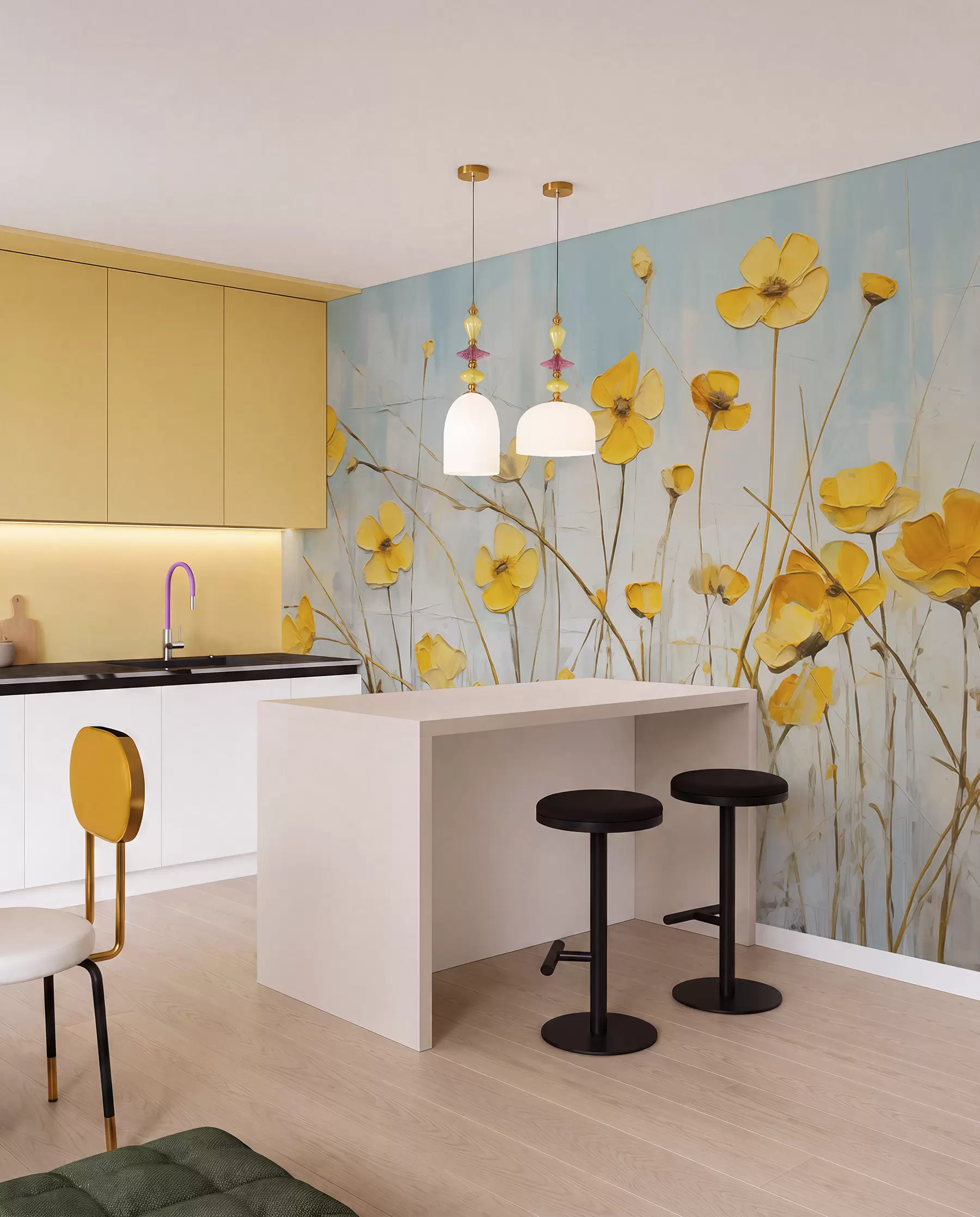 wall murals Мали жути цветови на плавом уљу w08129