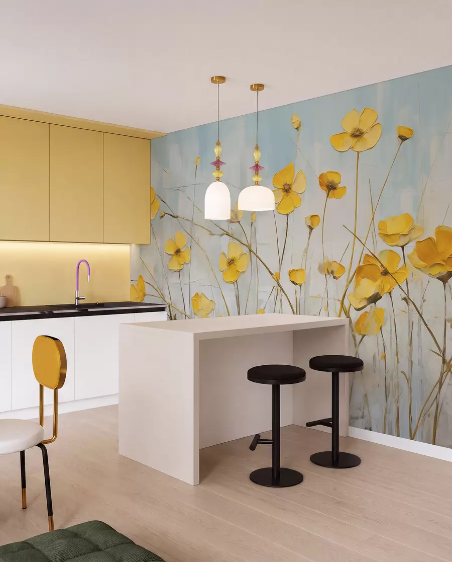 wall murals Мали жути цветови на плавом уљу w08129