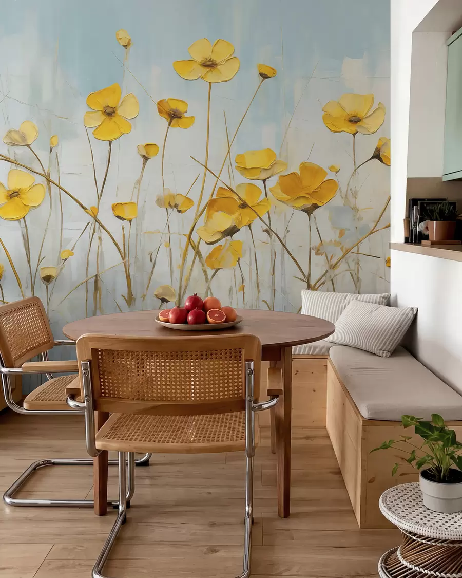 wall murals Мали жути цветови на плавом уљу w08129