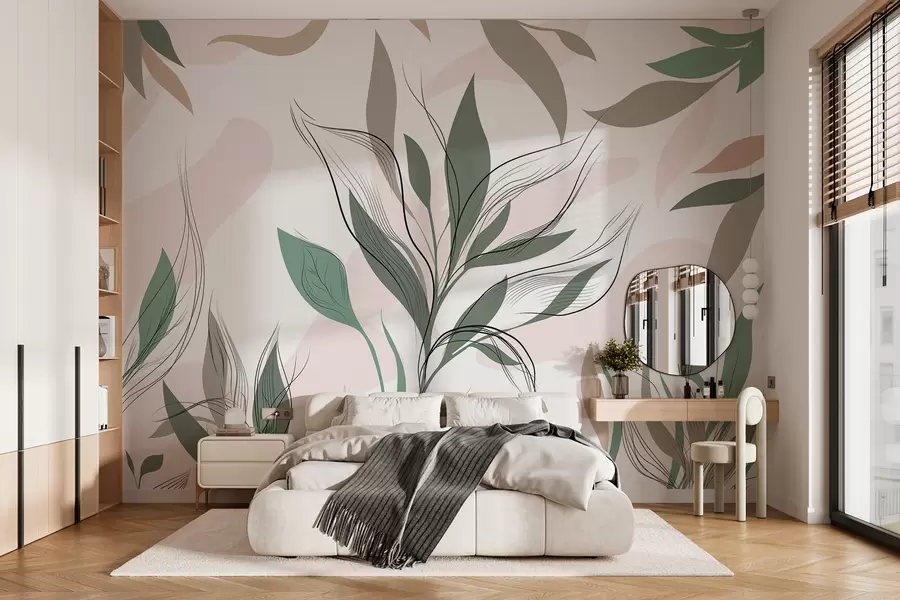 wall murals Тропско лишће у линијској техници и пастелним бојама w08051