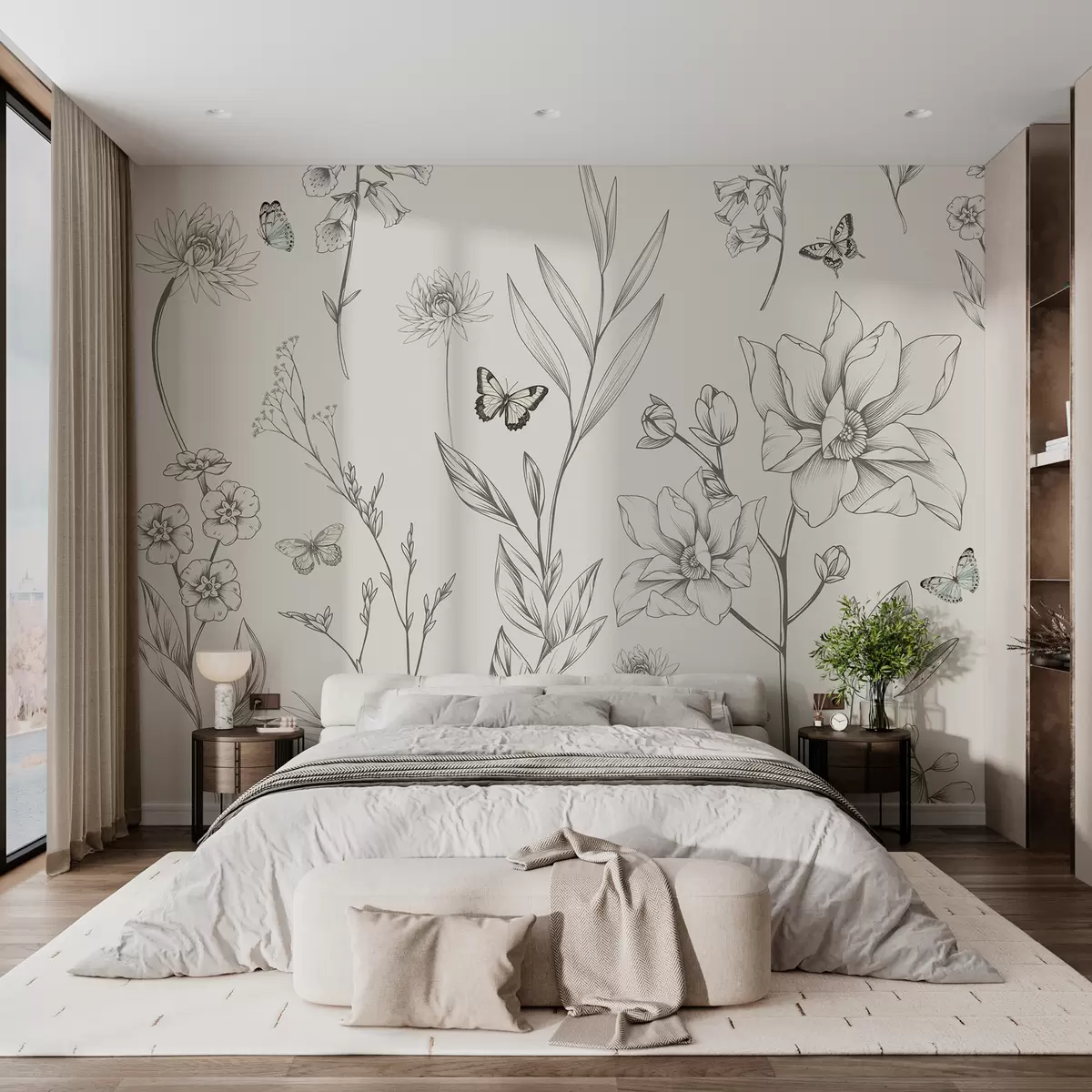 wall murals Бохо Монохромно цвеће и лептири w08088