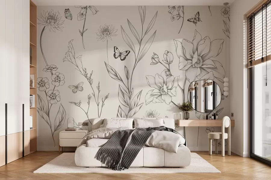 wall murals Бохо Монохромно цвеће и лептири w08088