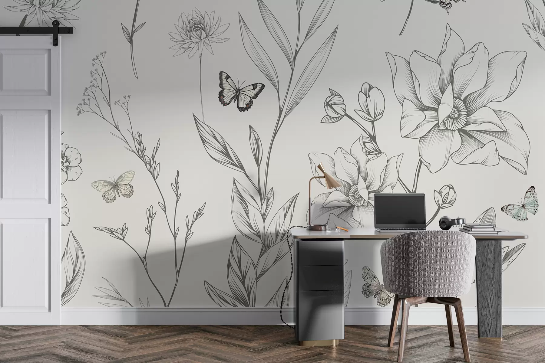 wall murals Бохо Монохромно цвеће и лептири w08088