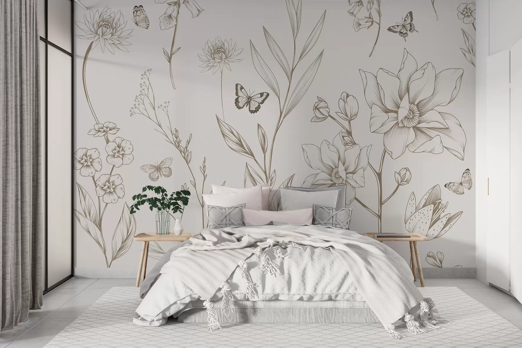 wall murals Бохо монохромно цвеће и лептири у беж боји w08088v1