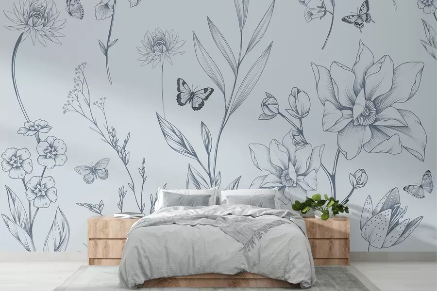 wall murals Бохо монохромно цвеће и лептири у плавој боји w08088v2
