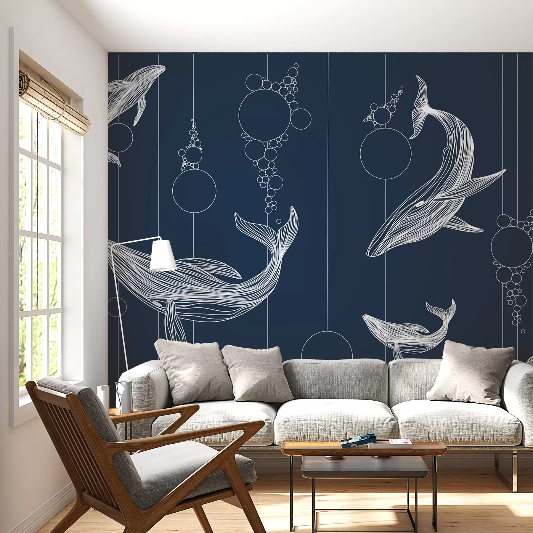 wall murals Китови и апстракција на плавој позадини w08074v1