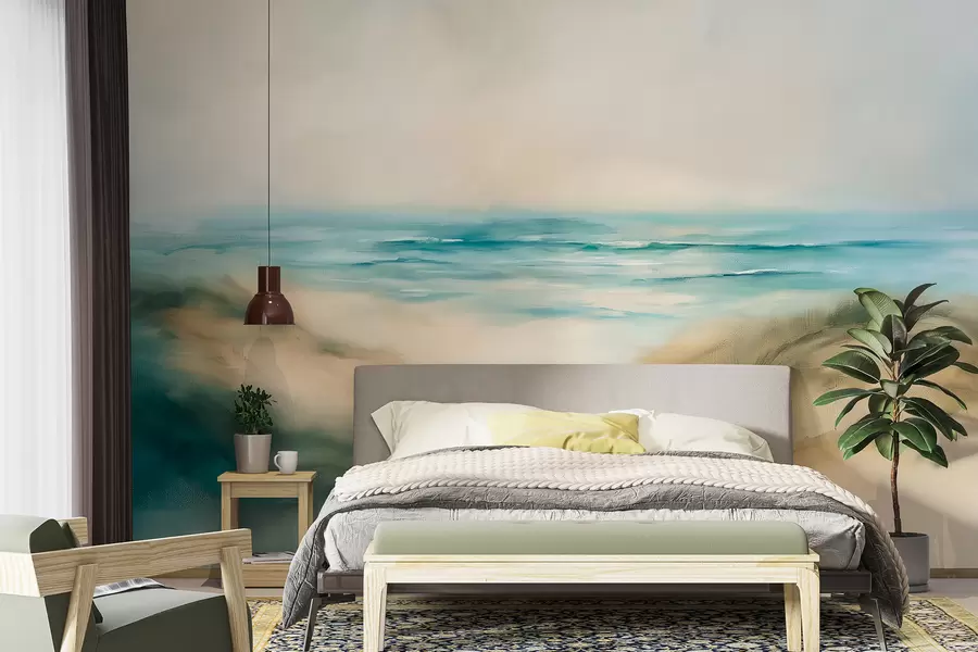 wall murals Апстрактни пејзаж у пастелним бојама, плажа, море, аквамарин и беж палета боја, потези четкицом w08141v1