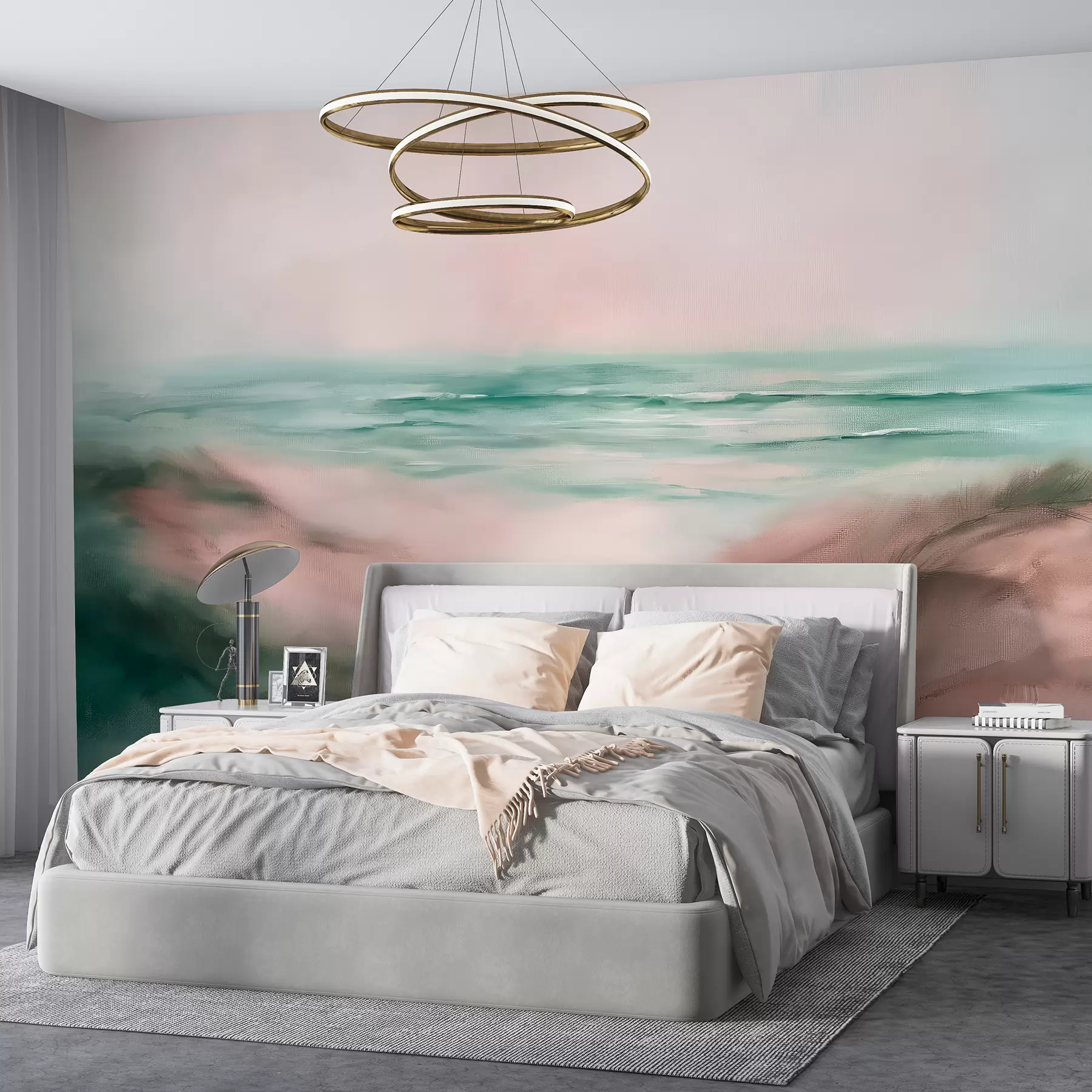 wall murals Апстрактни пејзаж у пастелним бојама, плажа, море, аквамарин и ружичаста палета боја, потези четкицом w08141v2