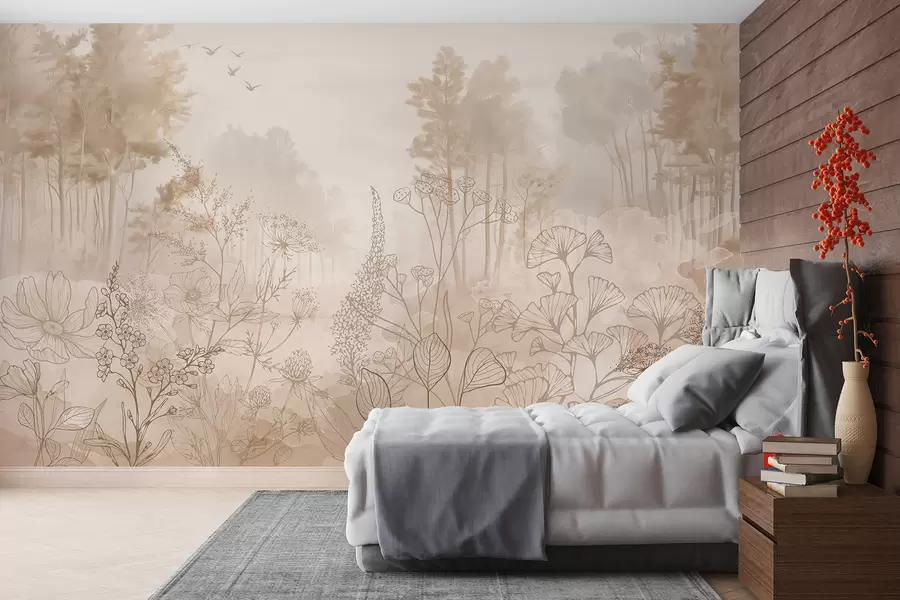wall murals Шумски пејзаж са дивљим цвећем, линијска уметност, реализам, дрвеће, природа, палета беж боја w08142