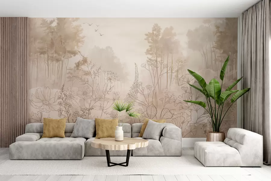wall murals Шумски пејзаж са дивљим цвећем, линијска уметност, реализам, дрвеће, природа, палета беж боја w08142