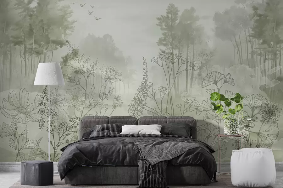 wall murals Шумски пејзаж са дивљим цвећем, линијска уметност, реализам, дрвеће, природа, зелена палета боја w08142v1