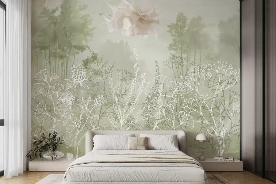 wall murals Цртање линија цвећа, шумски пејзаж, природа, реализам, зелена палета боја w08144v2