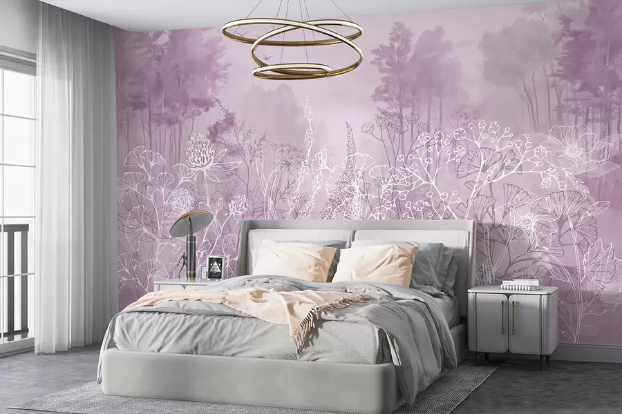 wall murals Цвеће за цртање линија, шумски пејзаж, природа, реализам, палета ружичастих боја w08144v3