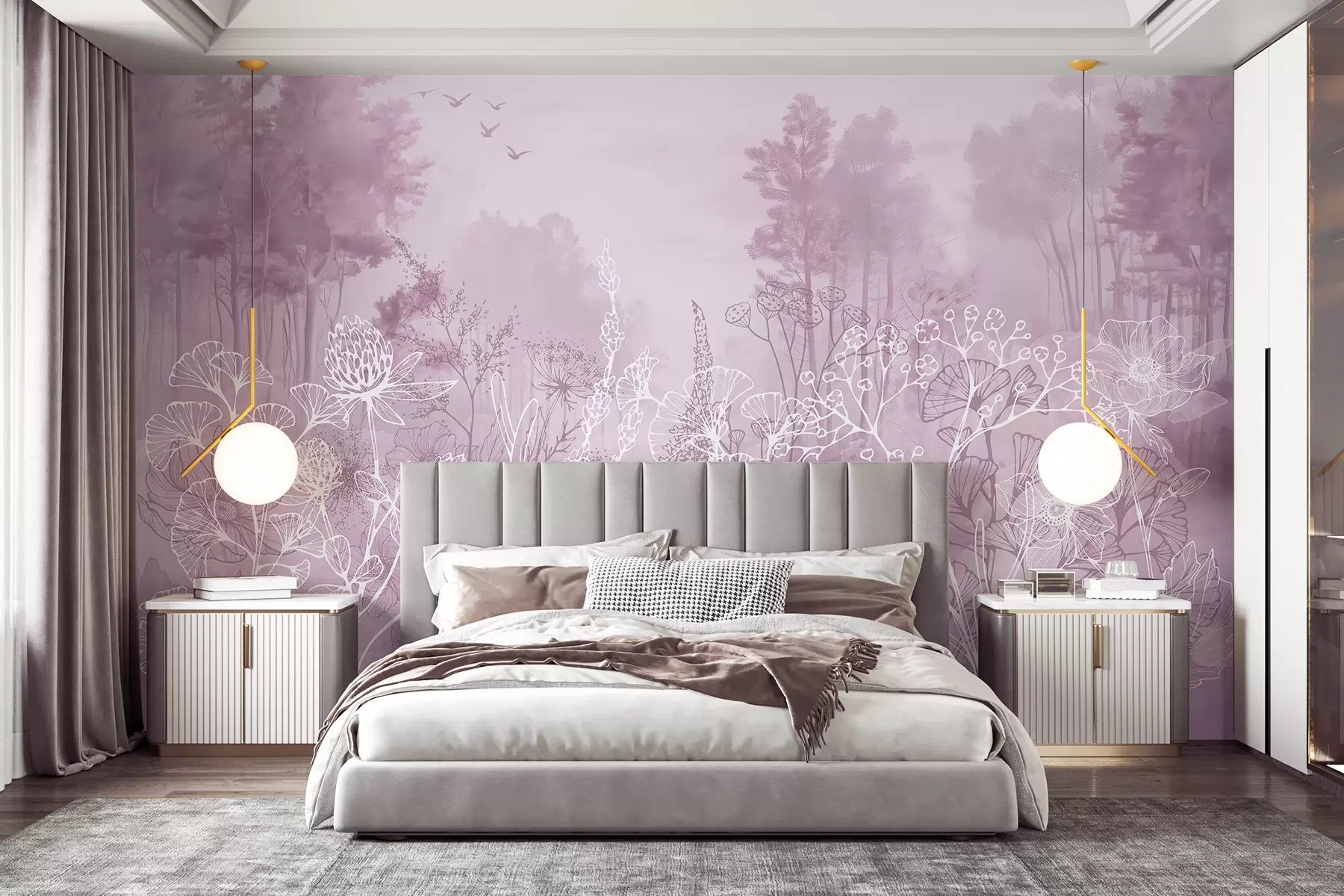 wall murals Цвеће за цртање линија, шумски пејзаж, природа, реализам, палета ружичастих боја w08144v3
