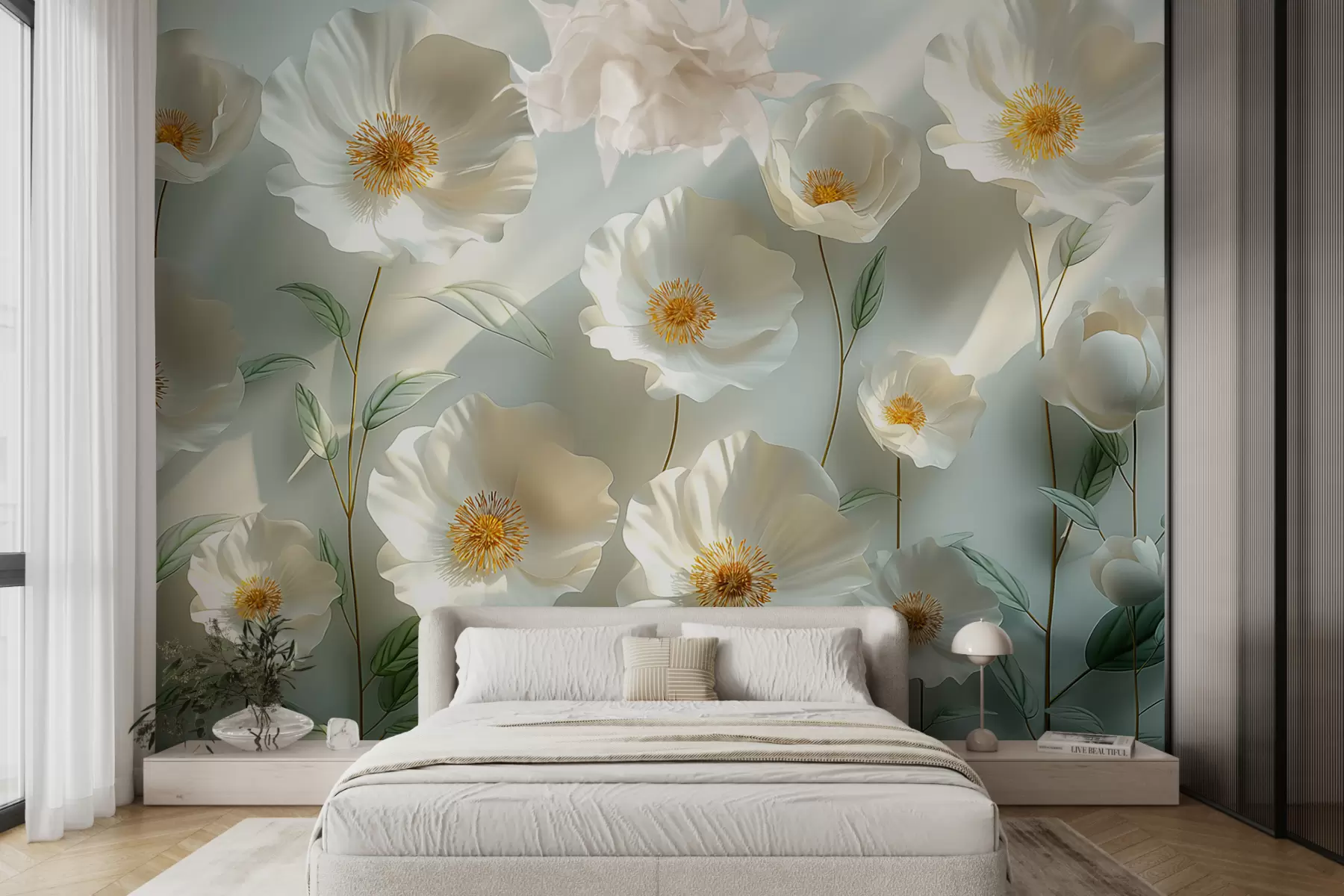 wall murals Бели макови уз зид са сунчевом светлошћу и 3Д ефектом w01339