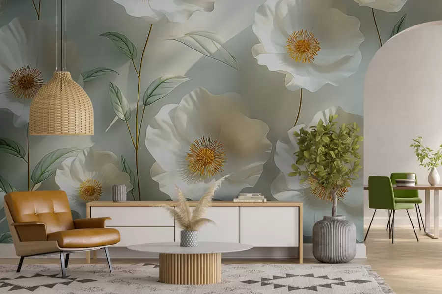 wall murals Бели макови уз зид са сунчевом светлошћу и 3Д ефектом w01339