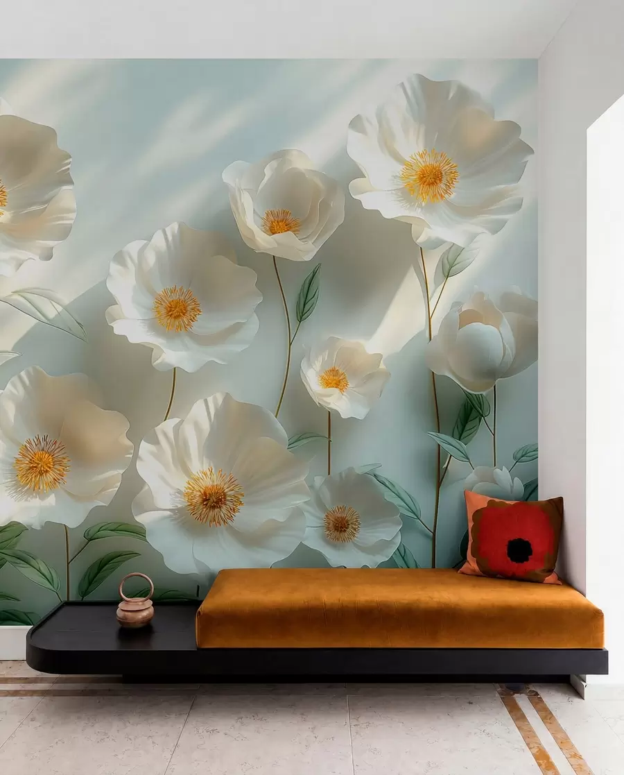 wall murals Бели макови уз зид са сунчевом светлошћу и 3Д ефектом w01339
