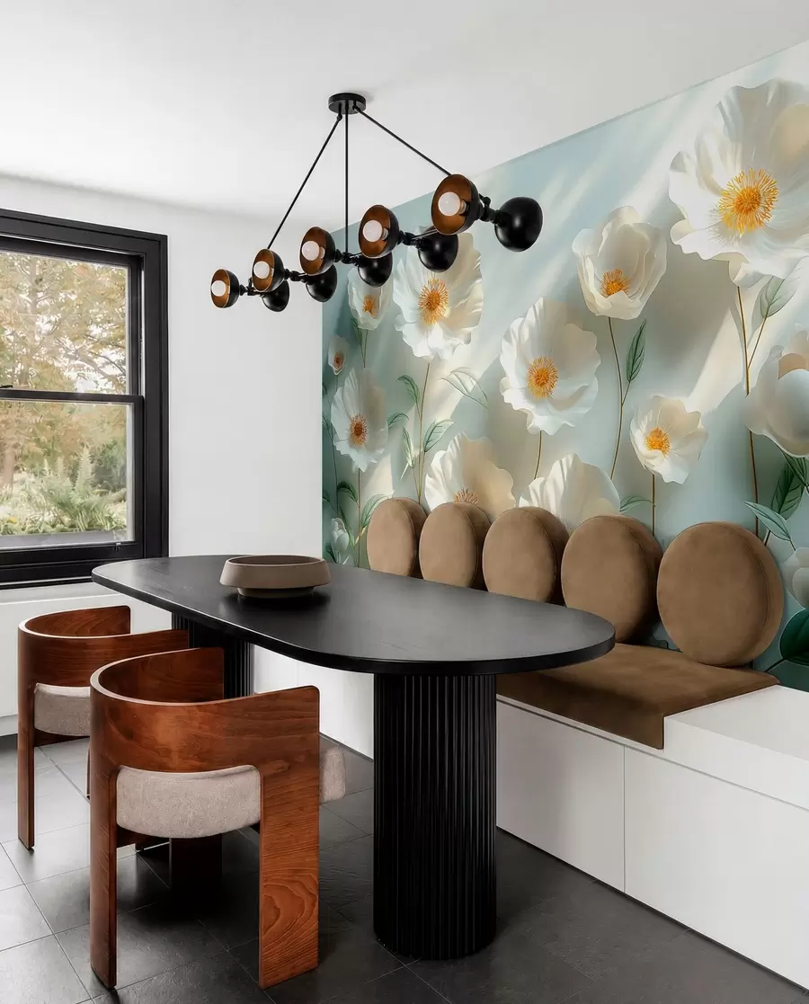wall murals Бели макови уз зид са сунчевом светлошћу и 3Д ефектом w01339