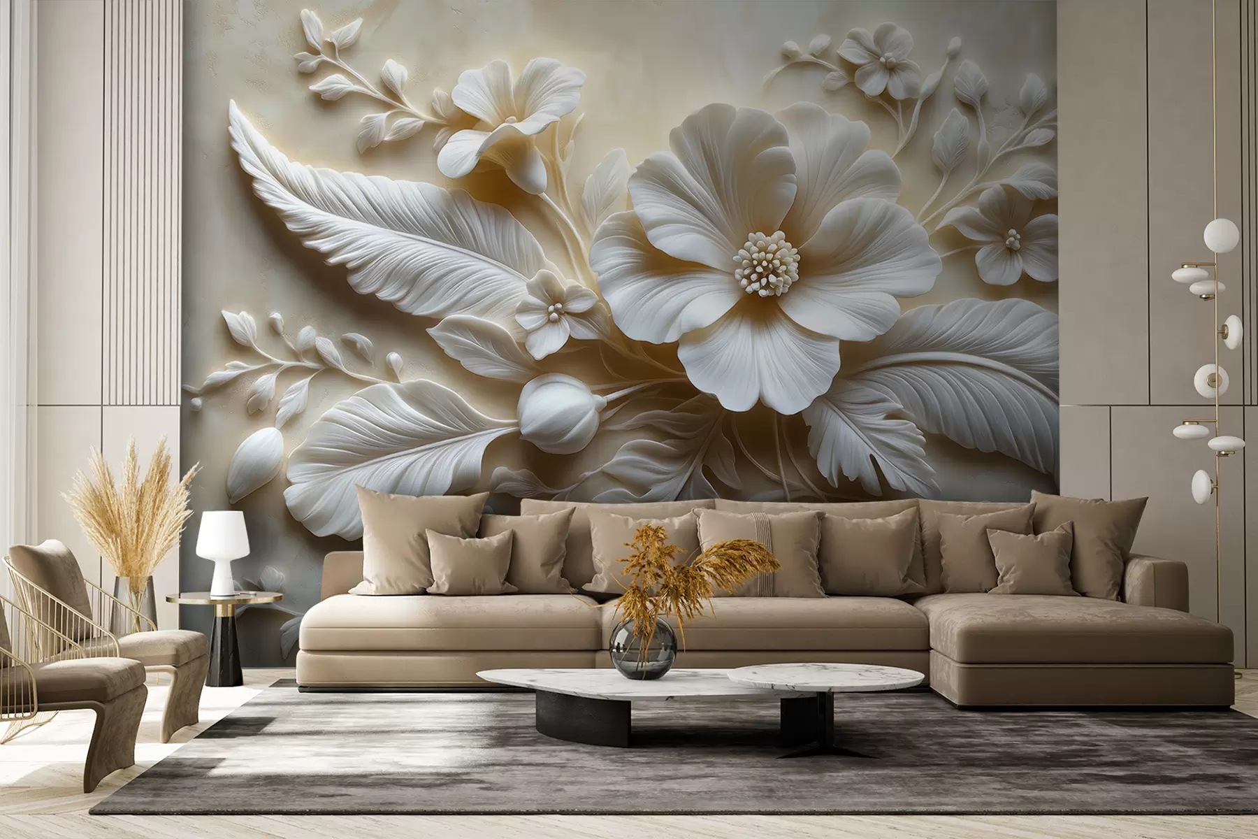 wall murals 3Д рељефна зидна уметност са перјем и цвећем, са великим маком у беж бојама w01340