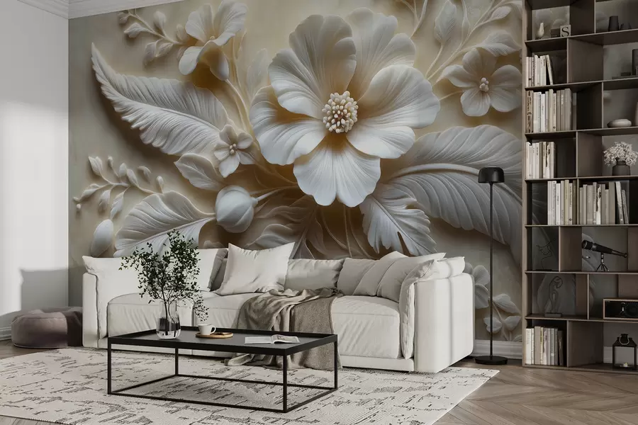 wall murals 3Д рељефна зидна уметност са перјем и цвећем, са великим маком у беж бојама w01340