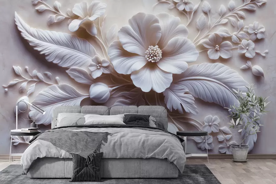 wall murals 3Д рељефна зидна уметност са перјем и цвећем, са великим маком у светло ружичастим бојама w01340v1