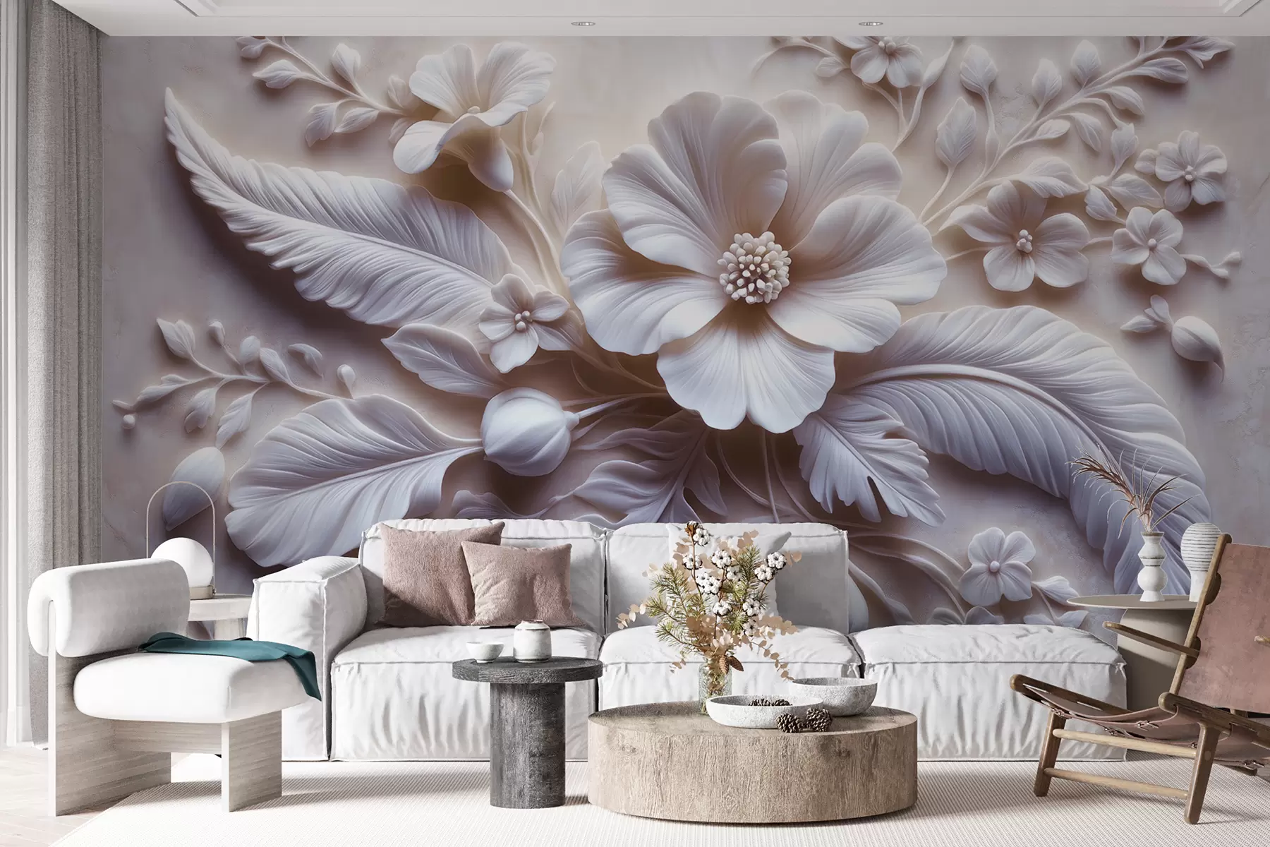 wall murals 3Д рељефна зидна уметност са перјем и цвећем, са великим маком у светло ружичастим бојама w01340v1