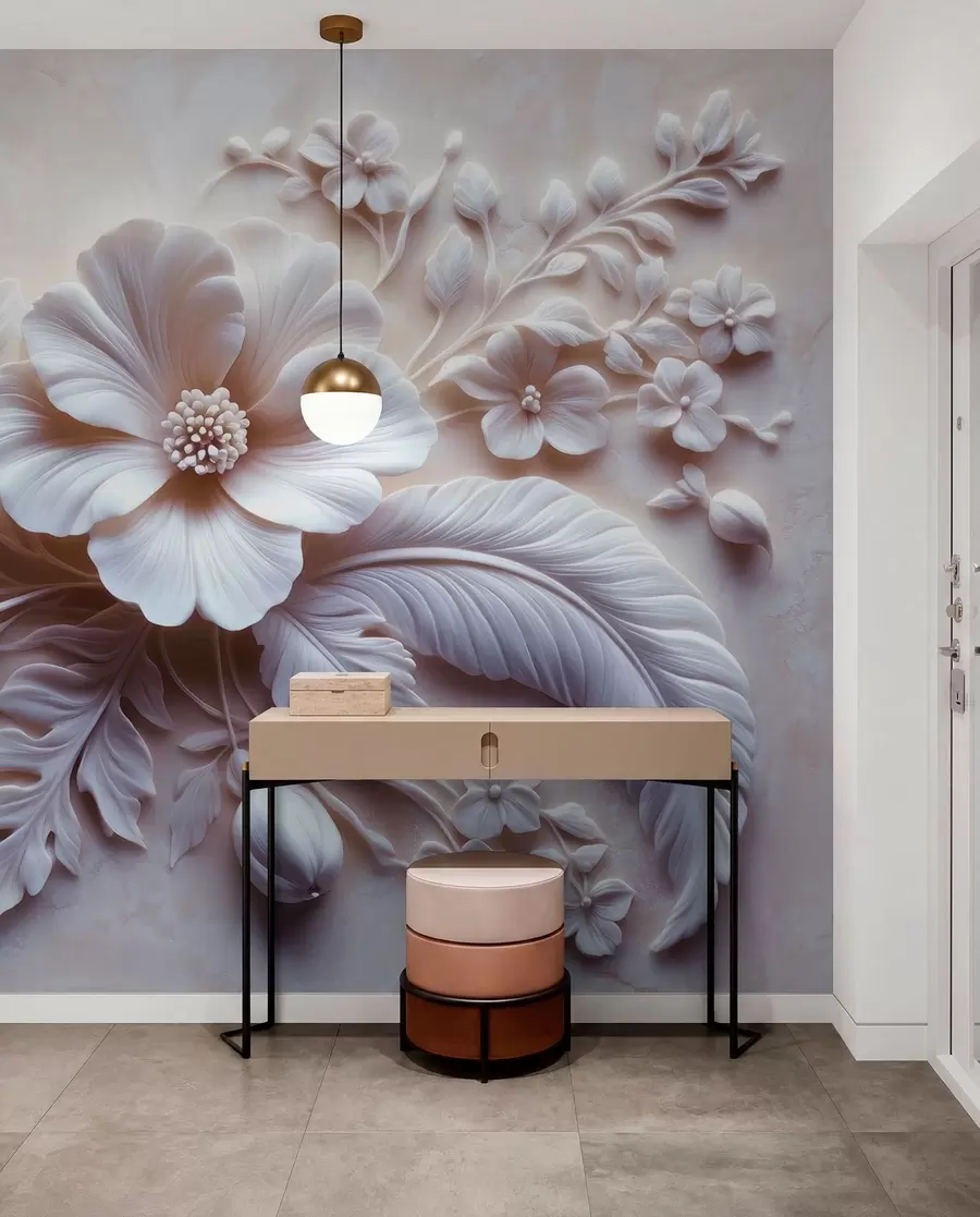 wall murals 3Д рељефна зидна уметност са перјем и цвећем, са великим маком у светло ружичастим бојама w01340v1