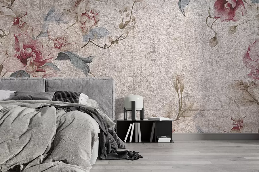 wall murals Винтаге цветни узорак са деликатним ружичастим и белим цветовима, листовима на светло беж позадини w08149