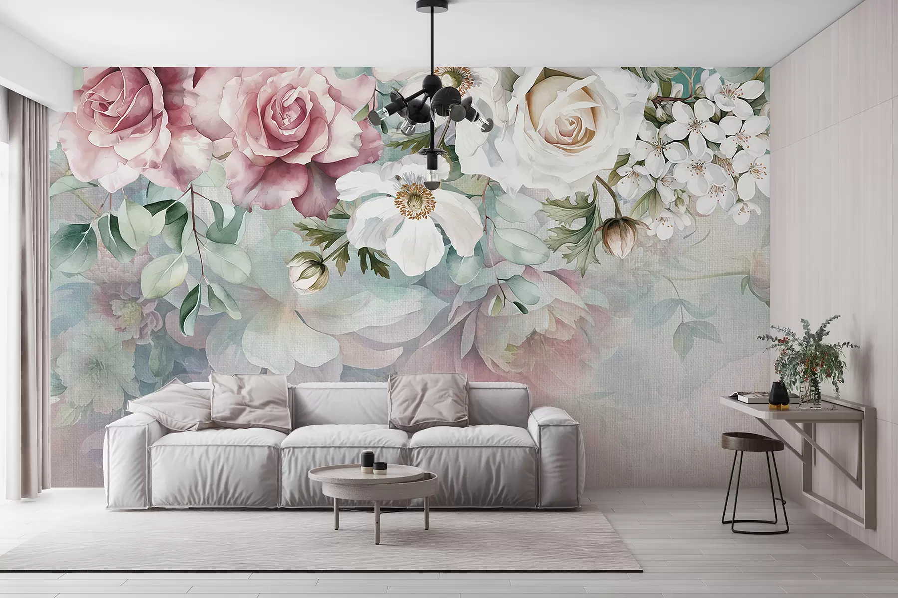 wall murals Меки цветни аранжман у пастелним бојама са ружичастим ружама, белим цветовима и зеленим лишћем w08153