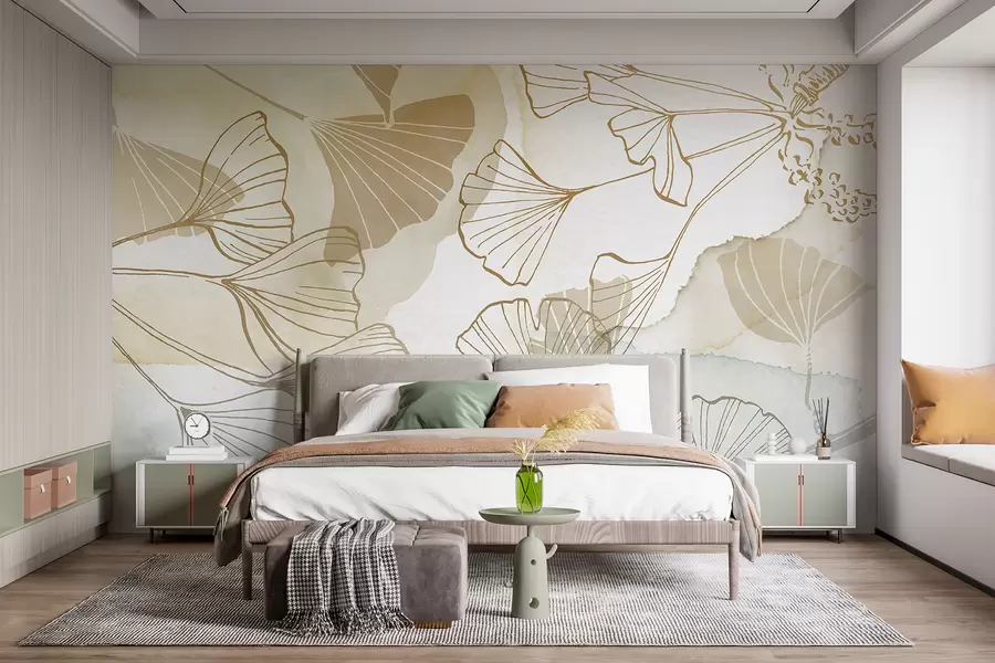 wall murals Узорак деликатног лишћа гинка у нијансама беж, жутосмеђе и плаве на светлој позадини w08157