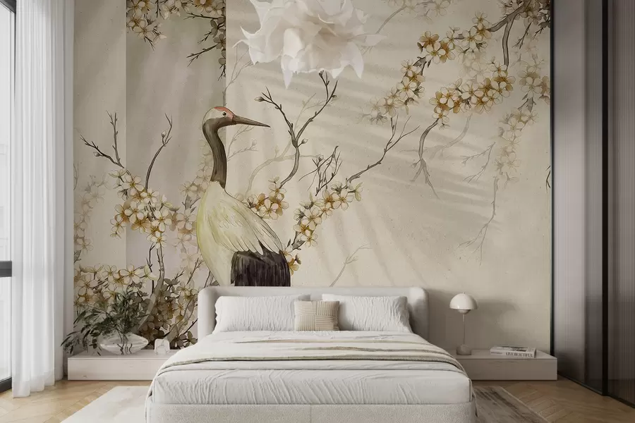 wall murals Бели ждрал стоји на грани са расцветаним цвећем, на мекој, замућеној позадини w08159