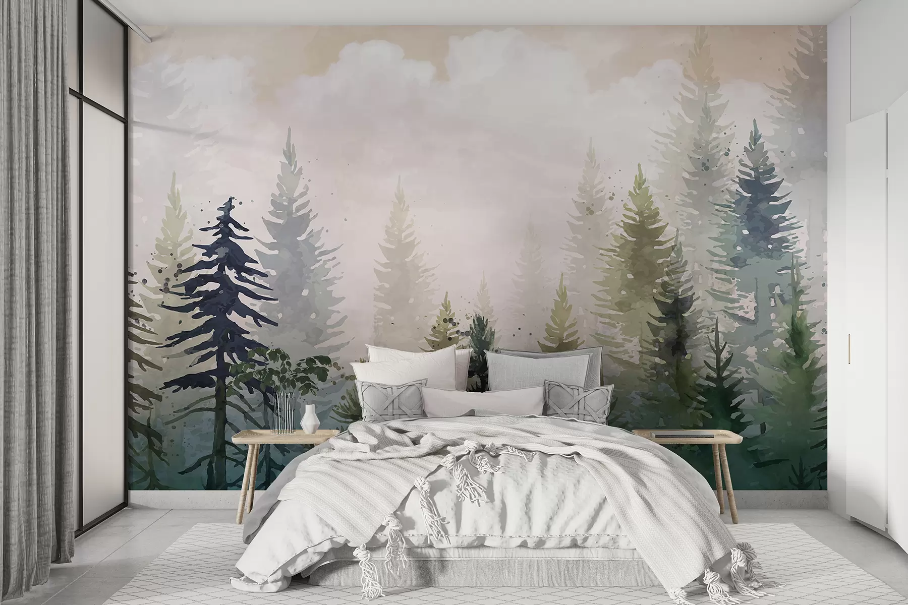 wall murals Шума високих зимзелених борова у магловитом окружењу и испуњена меким, магловитим облацима w08160
