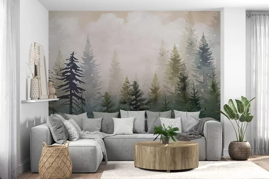 wall murals Шума високих зимзелених борова у магловитом окружењу и испуњена меким, магловитим облацима w08160