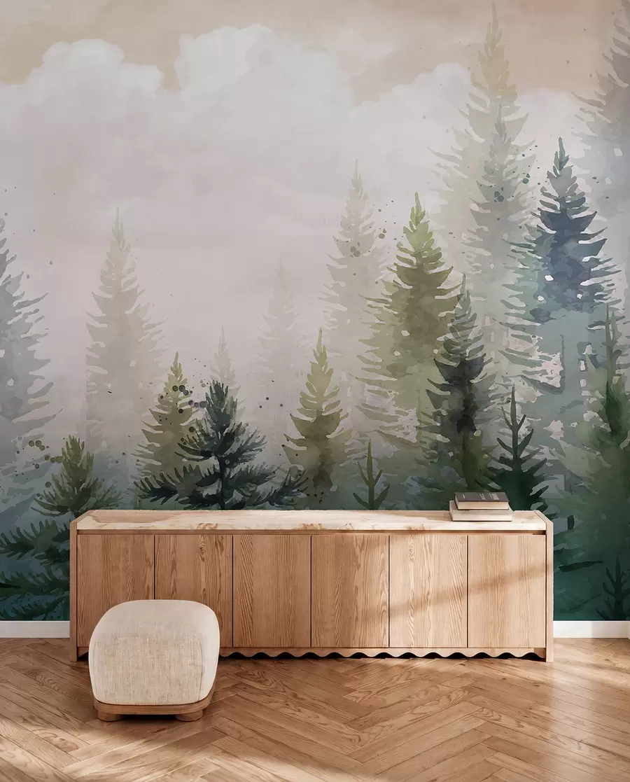 wall murals Шума високих зимзелених борова у магловитом окружењу и испуњена меким, магловитим облацима w08160