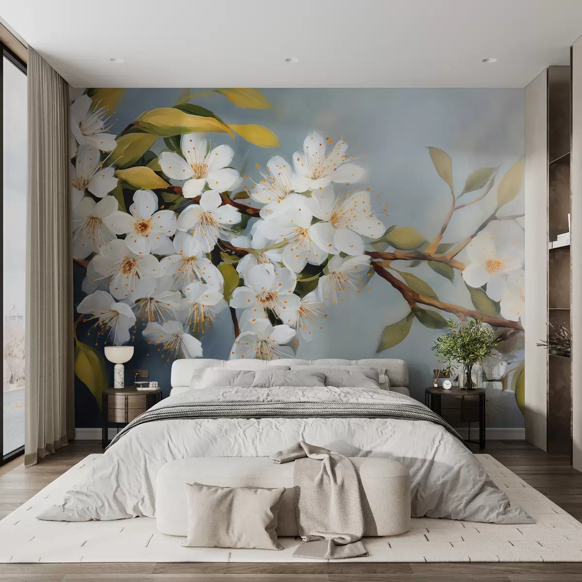 wall murals Грана са белим цветањем, имитација уљане слике w00960